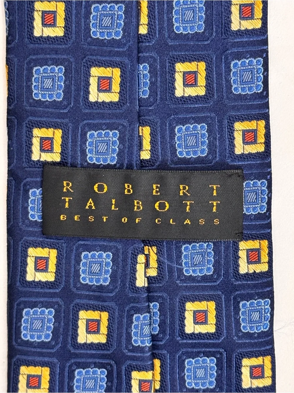 Robert Talbott Men’s Necktie XL Navy Silk Tie Blue & Yellow Geometric Squares
